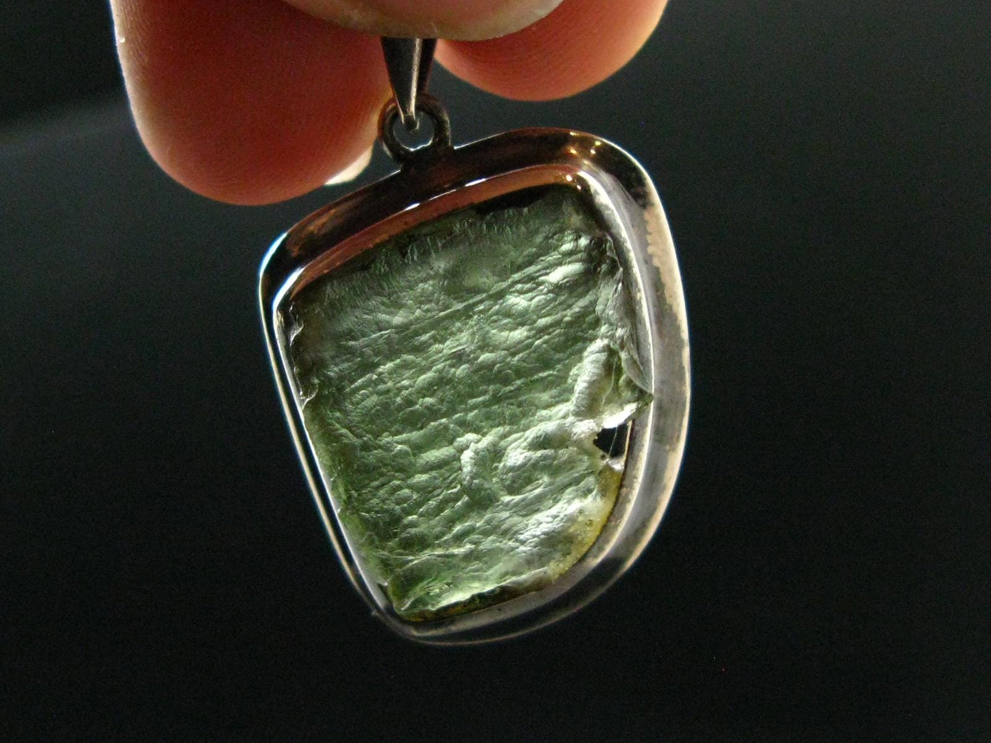 Moldavite Tektite Silver Pendant from Czech Republic - 1.5" - 6.88 Grams