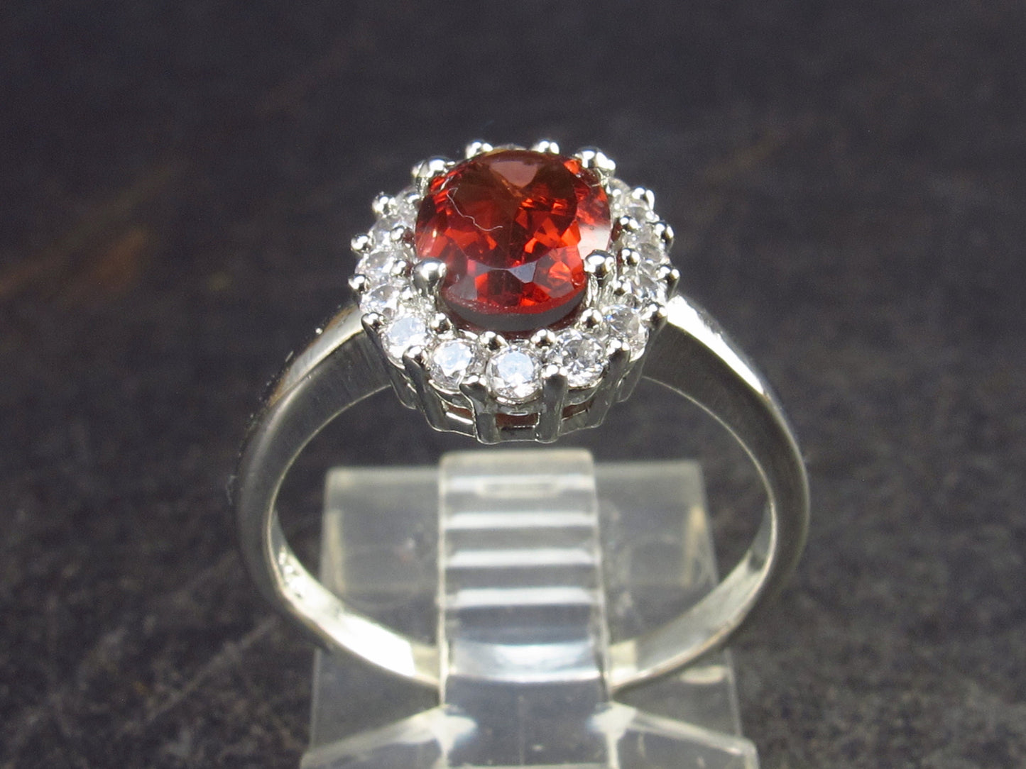 Natural Faceted Red Garnet Rhodium Plated Sterling Silver Ring with CZ - Size 7 - 2.90 Grams