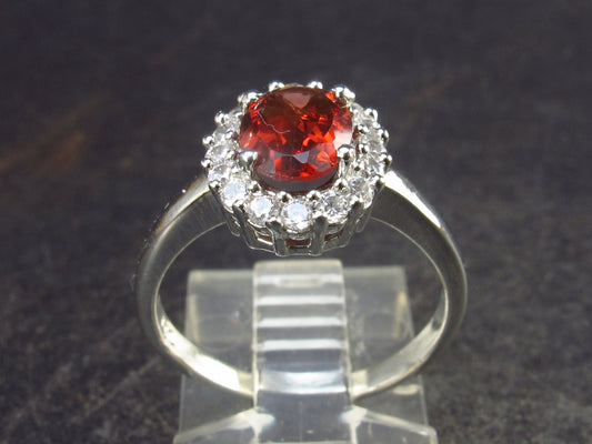 Natural Faceted Red Garnet Rhodium Plated Sterling Silver Ring with CZ - Size 7 - 2.90 Grams