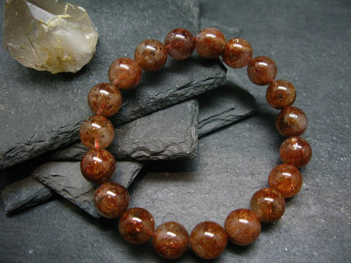 Red Rutilated Quartz Genuine Bracelet ~ 7 Inches ~ 11mm Round Beads