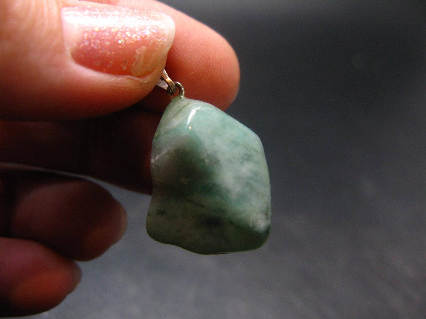 Natural Emerald Tumbled Stone Silver Pendant from Brazil - 1.2" - 4.55 Grams