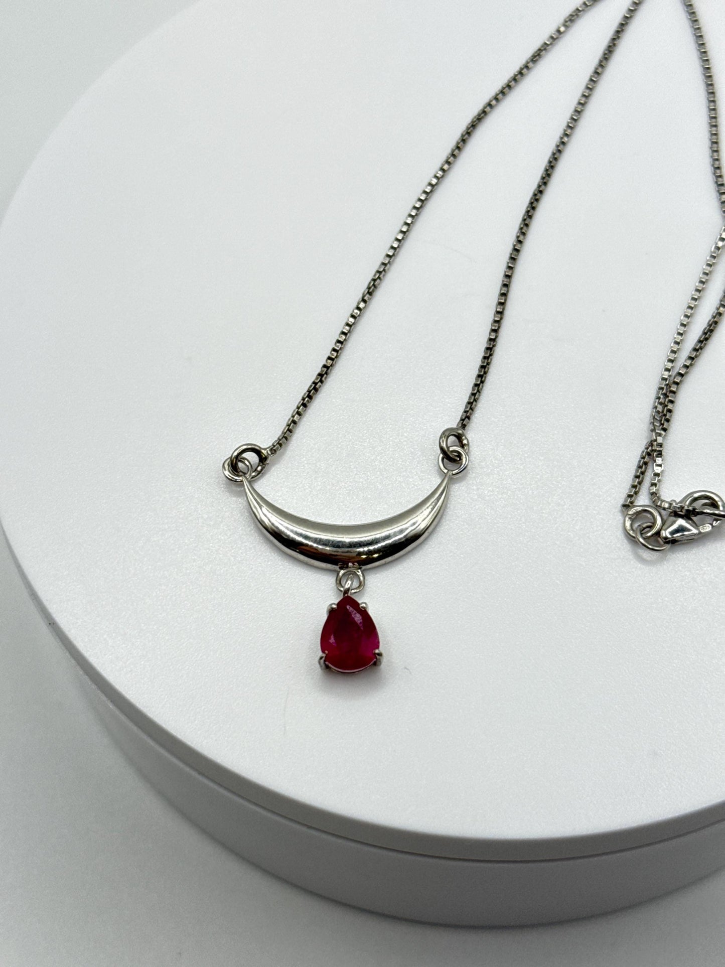 Ruby Crescent Moon Necklace | Sterling Silver | 11" Short Necklace | July Birthstone Jewelry