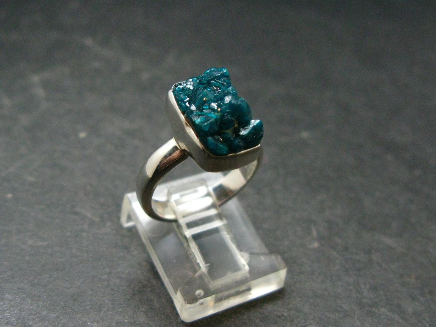 Emerald Green Dioptase Crystal Silver Ring from Congo - 4.05 Grams - Size 5