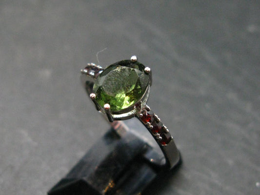 Moldavite Tektite and Red Garnet Silver Ring from Czech Republic - Size 9 - 2.53 Grams