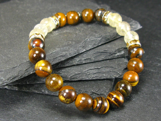 Tiger Eye & Rutilated Quartz Genuine Bracelet ~ 7 Inches ~ 8mm Round Beads