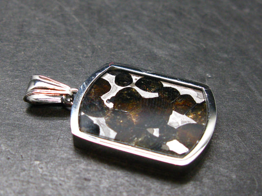 Rare Brahin Meteorite Slice With Olivine Pallasite Silver Pendant from Belarus - 1.3" - 4.48 Grams