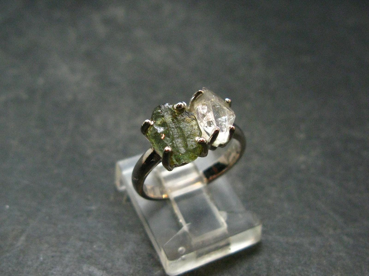 Moldavite Tektite and Herkimer Diamond Silver Ring - Size 8 - 2.34 Grams