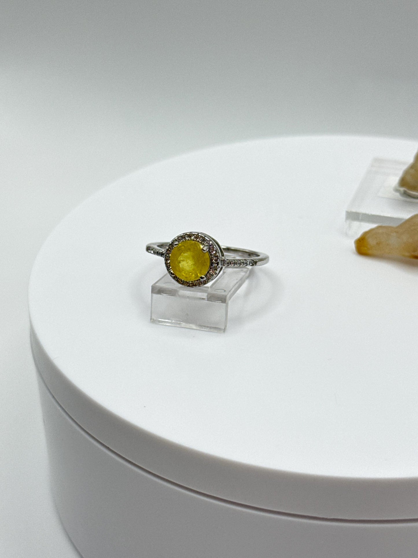 Yellow Sapphire Cabochon Ring | Sterling Silver Halo, September Birthstone - Size 9