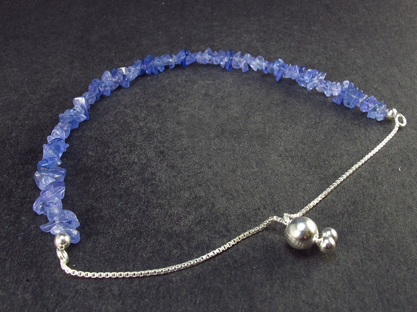 Natural Tumbled Tanzanite Zoisite Bead Silver Bracelet from Tanzania - Size Adjustable - 5.25 Grams