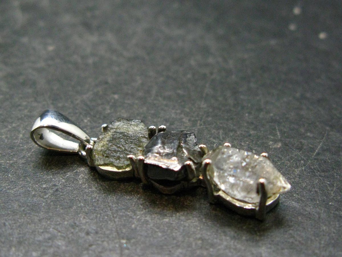 Moldavite Herkimer Meteorite Sterling Silver |Pendant From Czech Republic - 1.4" - 3.55 Grams