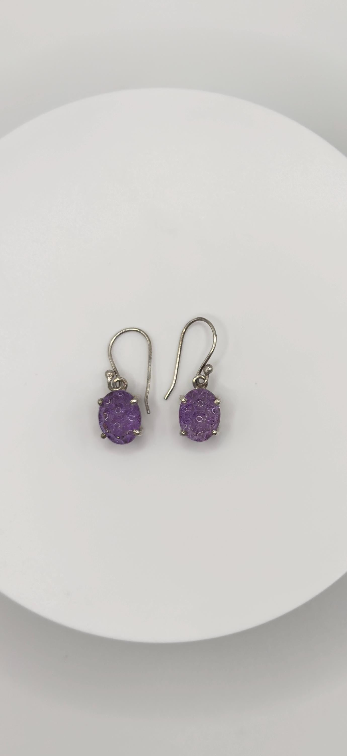 Carved Amethyst Drop Earrings – Handcrafted Purple Gemstone Dangles in Sterling Silver - Weight 4.65 Grams
