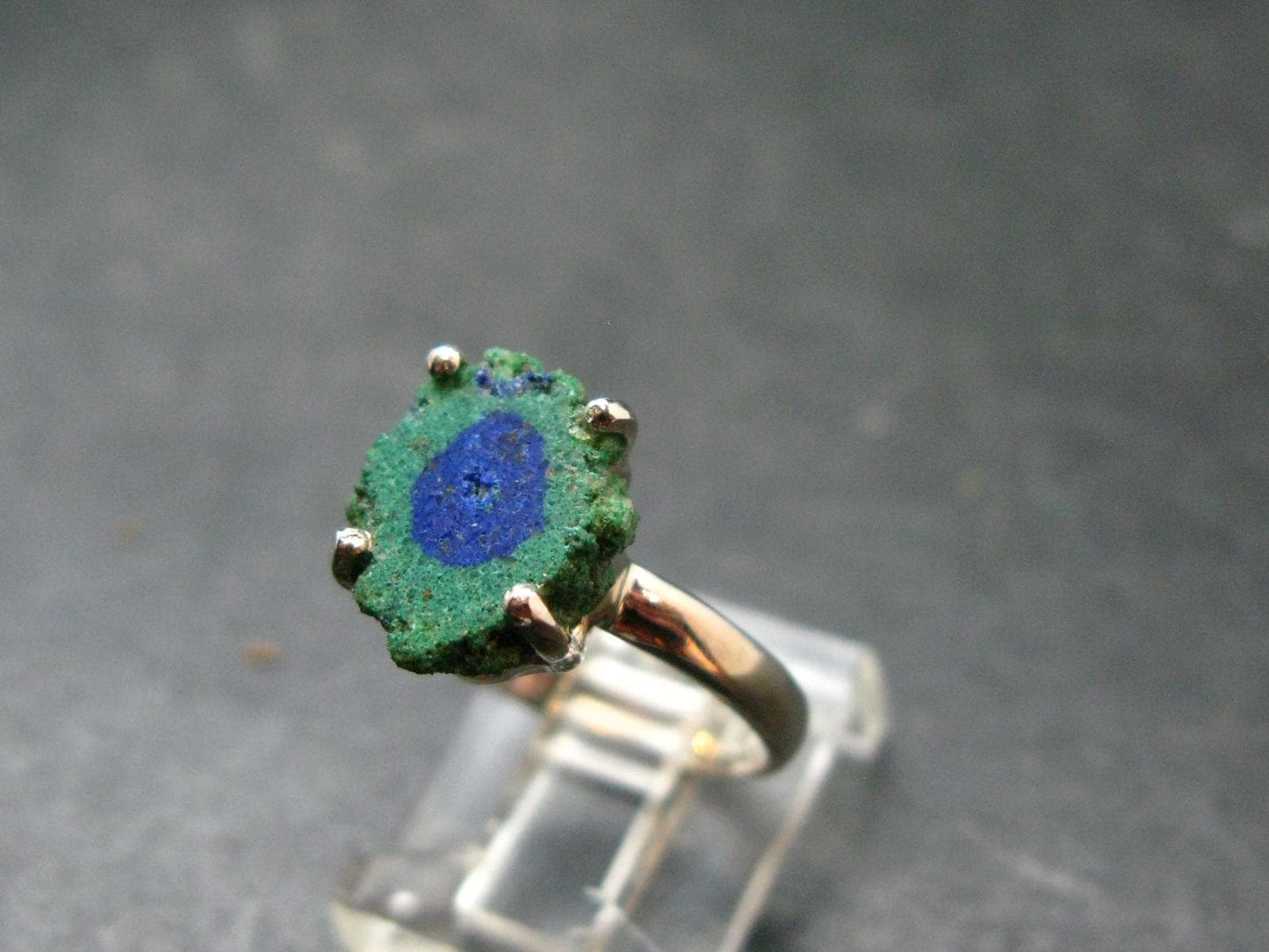 Natural Raw Deep Blue Azurite with Green Malachite Silver Ring From Mexico - Size 7 - 2.72 Grams