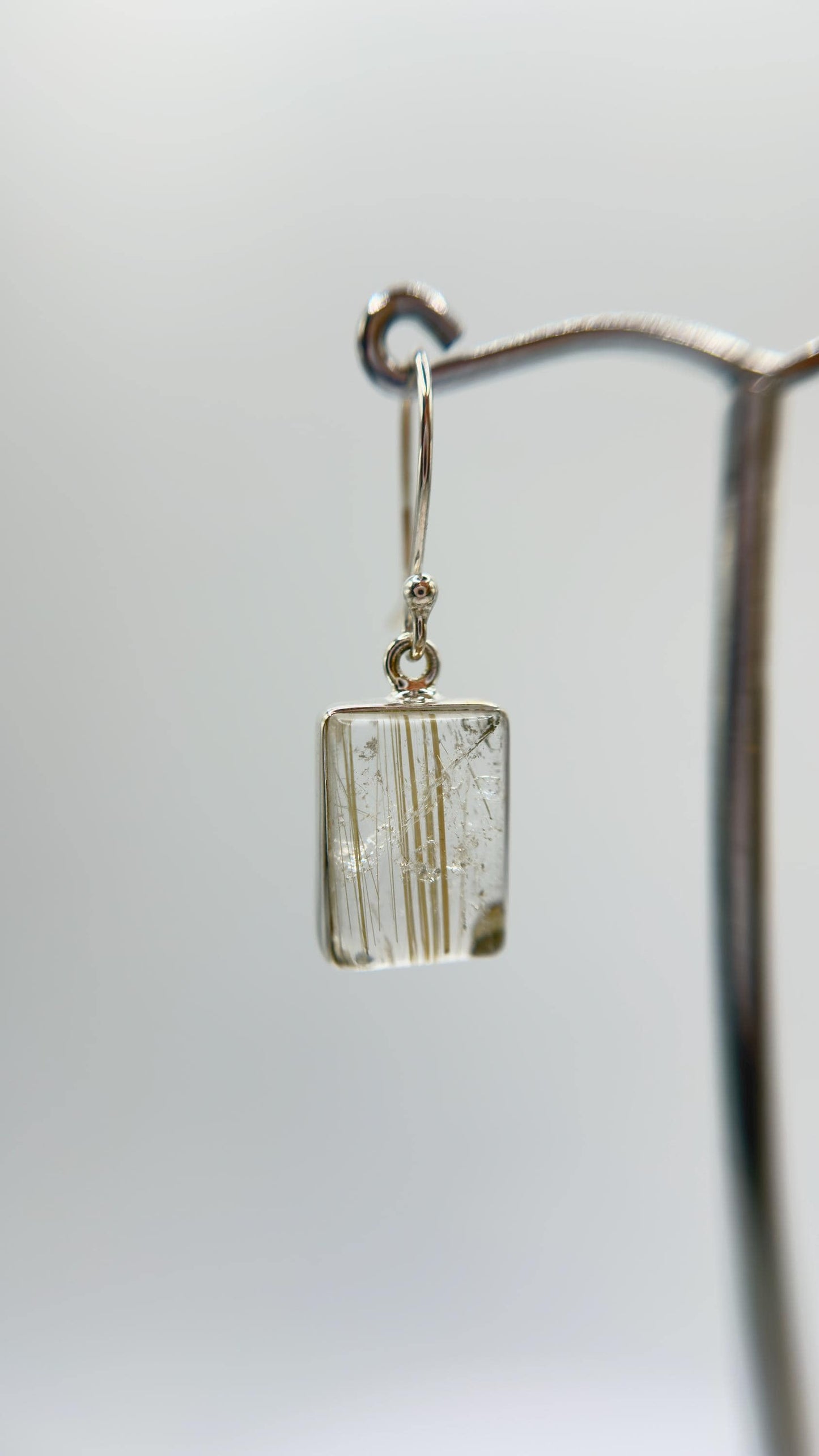 Rutilated Quartz Rectangle Drop Earrings – Natural Crystal Sterling Silver Dangle Jewelry