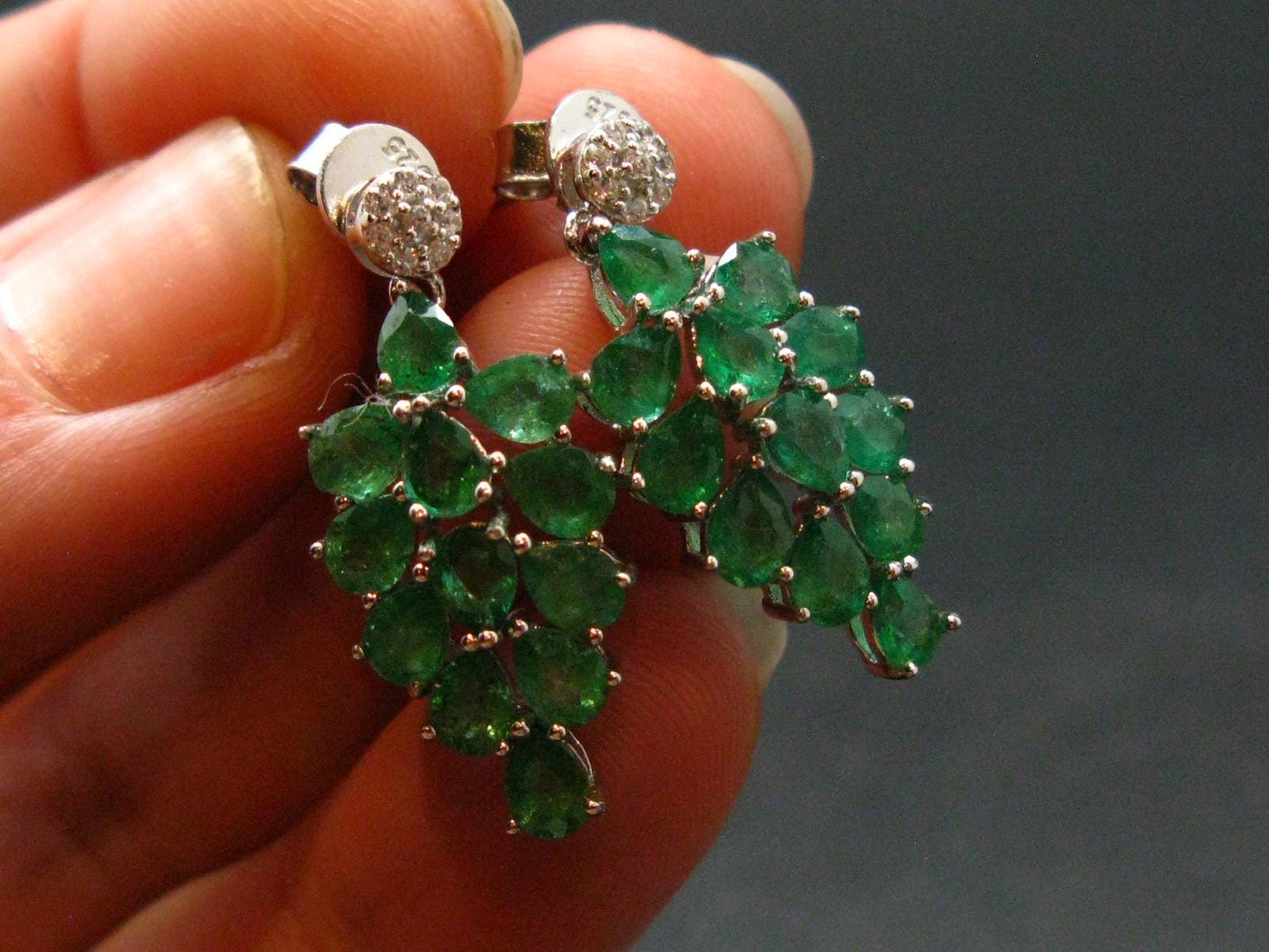 Gem Emerald Faceted Earrings In Sterling Silver - 3.41 Carats