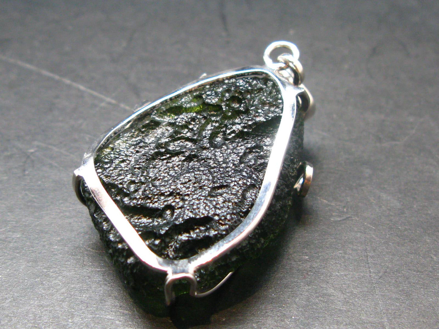 Gem Moldavite Tektite SS Pendant From Czech Republic - 1.8" - 13.1 Grams