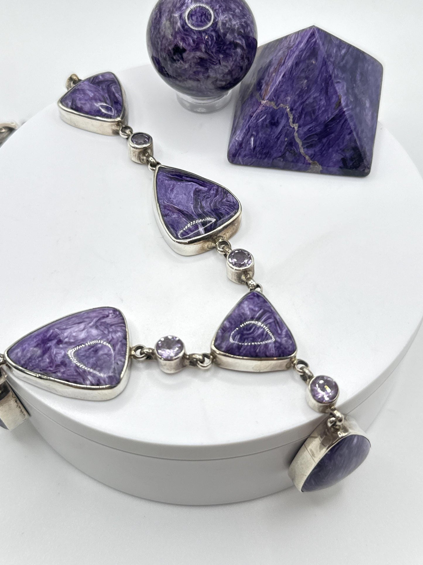 Charoite & Amethyst Drop Necklace – Sterling Silver - 52.57 Grams