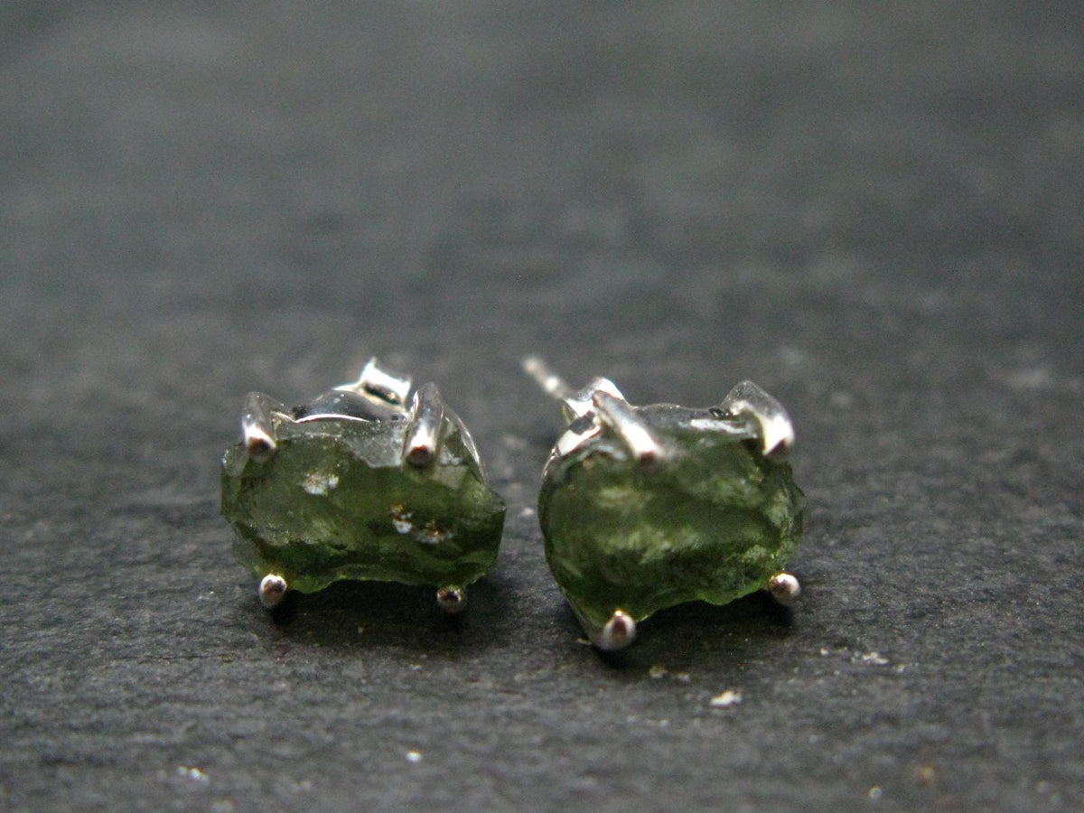 Natural Moldavite Tektite Raw Stud Earrings In Sterling Silver From Czech Republic - 1.58 Grams