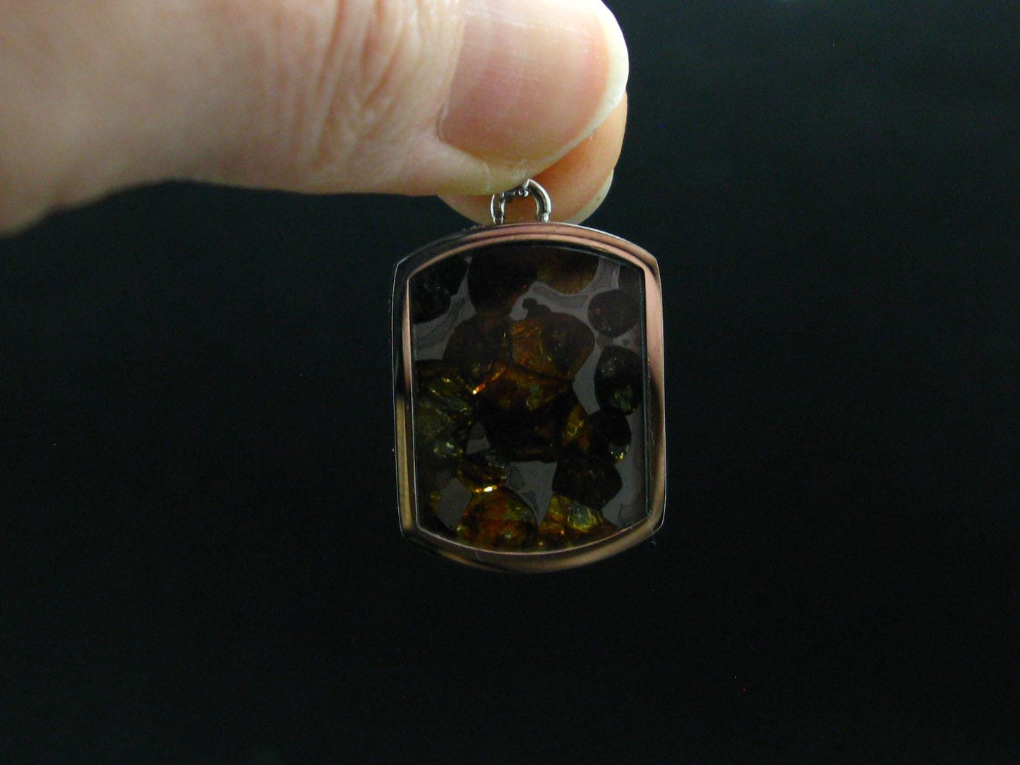 Rare Brahin Meteorite Slice With Olivine Pallasite Silver Pendant from Belarus - 1.3" - 4.48 Grams