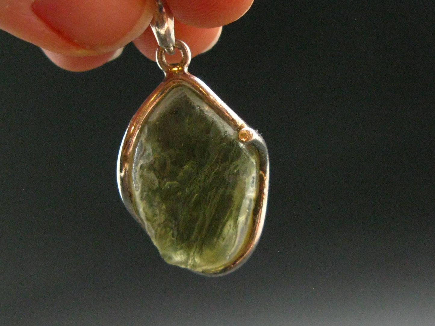 Moldavite Tektite Silver Clover Pendant from Czech Republic - 1.4" - 5.59 Grams