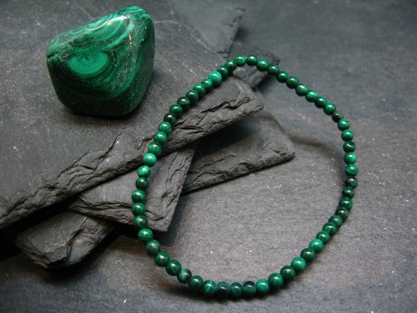 Malachite Genuine Bracelet ~ 7 Inches ~ 4mm Round Beads