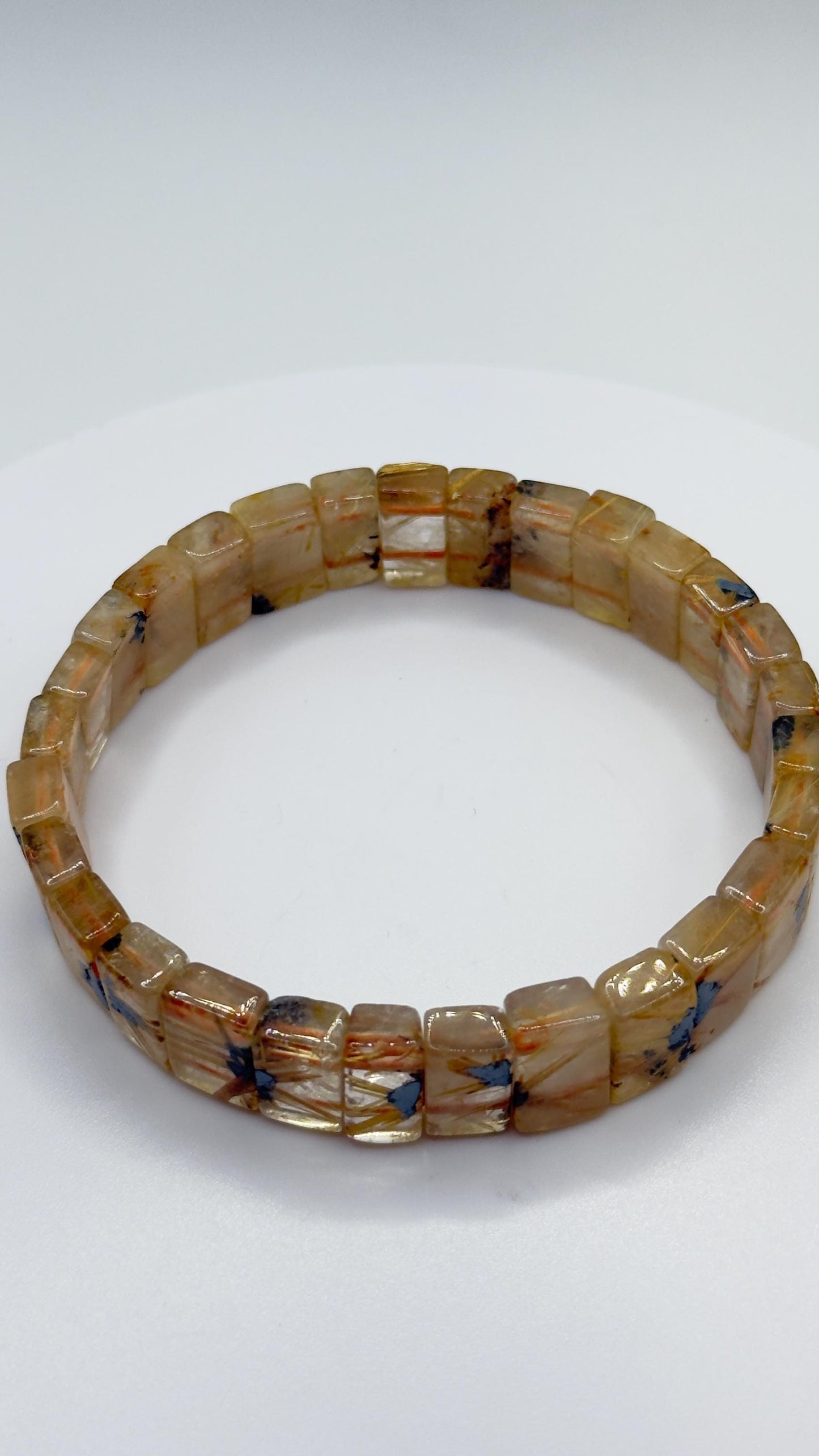 Rutilated Quartz Tile Bracelet – Natural Golden Inclusion Stretch Jewelry