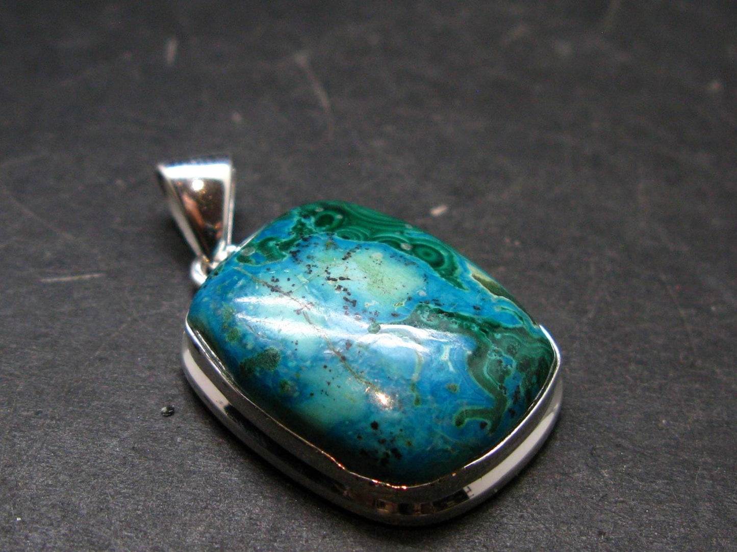 Malachite And Chrysocola Silver Plated Pendant from Congo - 1.3" - 7.3 Grams