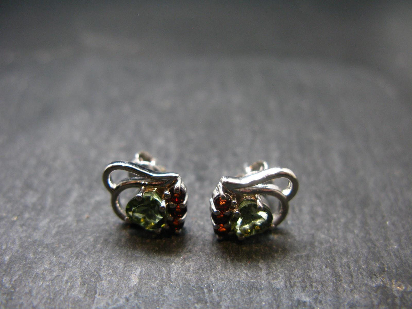 Moldavite Tektite & Red Garnet Silver Earrings from Czech Republic - 2.05 Grams