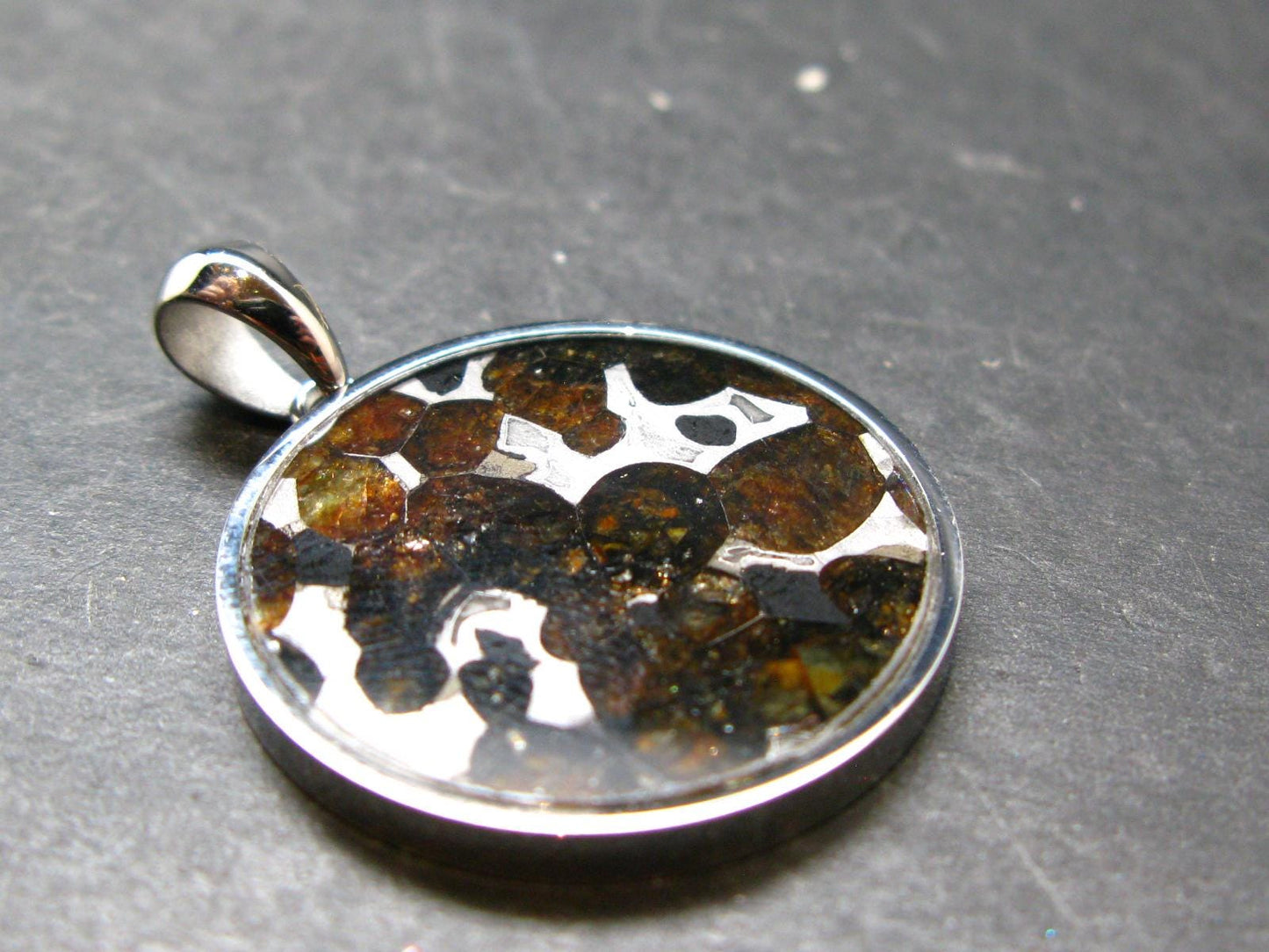 Rare Brahin Meteorite Slice With Olivine Pallasite Silver Pendant from Belarus - 1.4" - 5.22 Grams