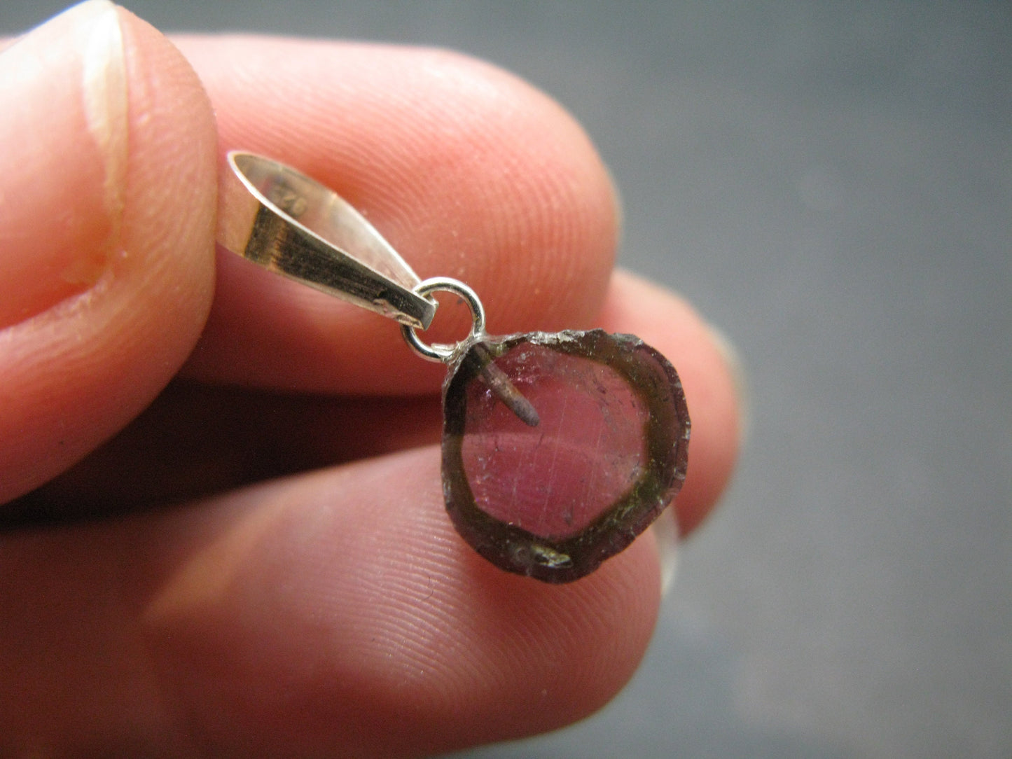 Rare Green & Red Gem Watermelon Tourmaline Crystal Slice Silver Pendant From Brazil - 0.7" - 0.64 Grams