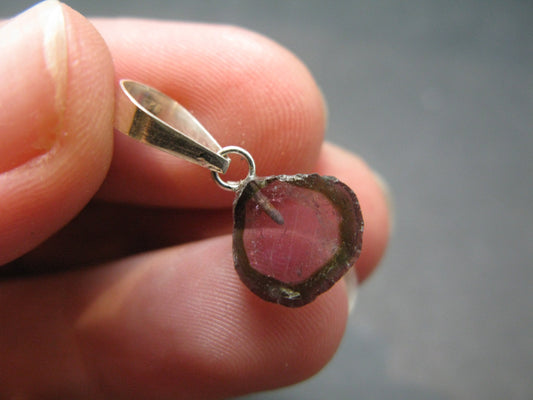 Rare Green & Red Gem Watermelon Tourmaline Crystal Slice Silver Pendant From Brazil - 0.7" - 0.64 Grams