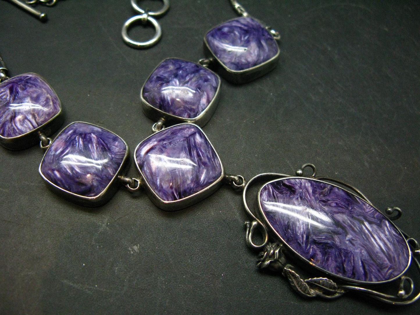 Stunning Six Stones Silky Charoite AAA Quality Sterling Silver Necklace From Russia - 17"