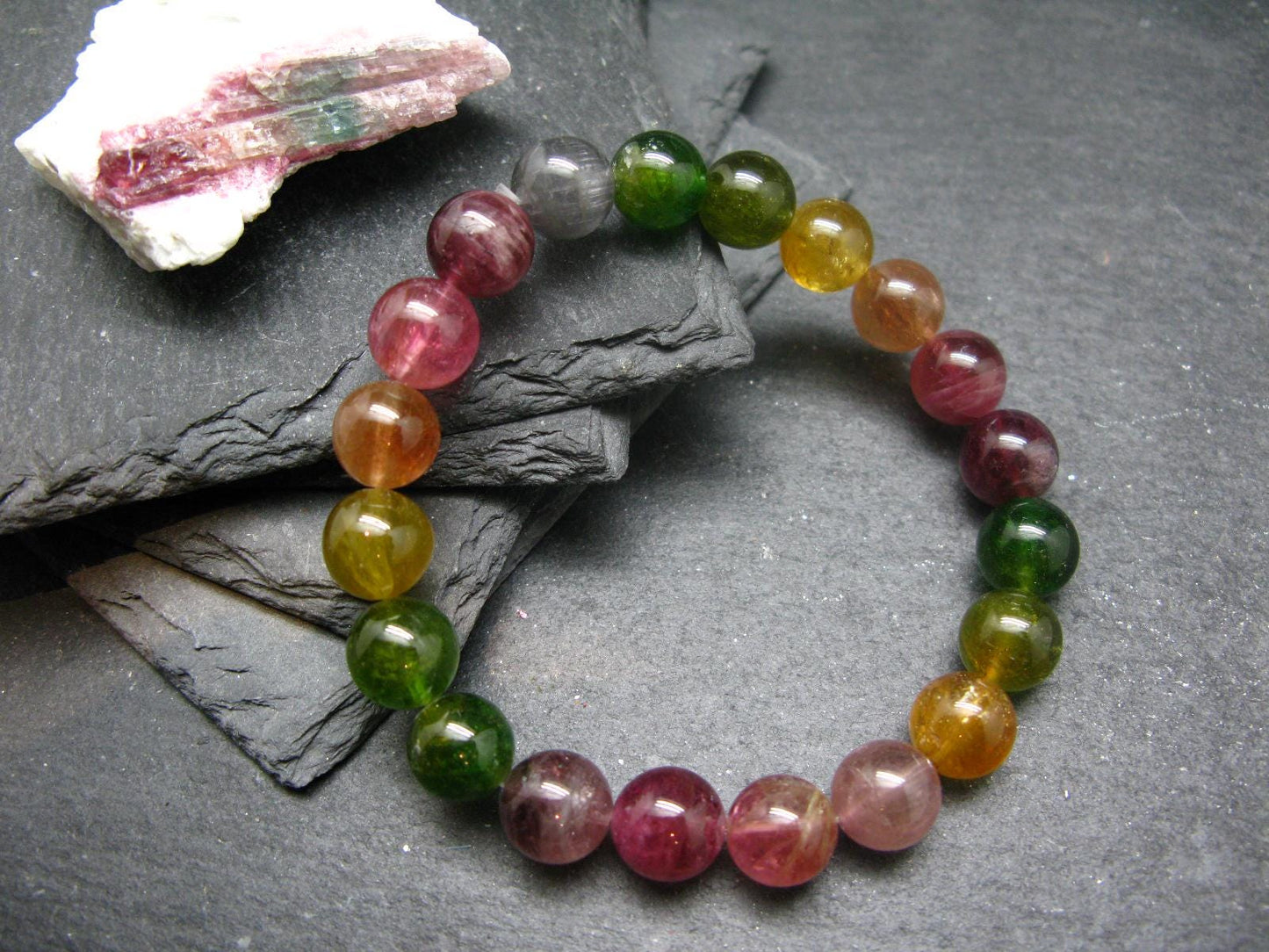 AAA Grade Gem Watermelon Bicolor Tourmaline Genuine Bracelet ~ 7.5 Inches ~ 10mm Round Beads