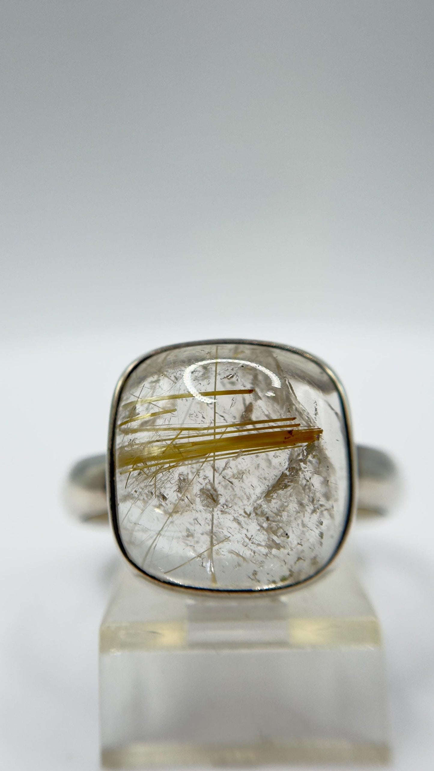 Golden Rutilated Quartz Ring – Cushion Cut Rutile Crystal Statement Ring - Size 11