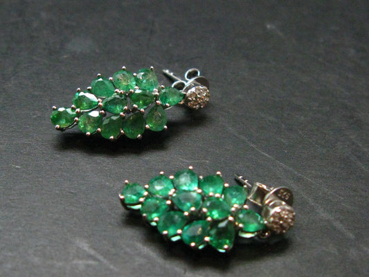 Gem Emerald Faceted Earrings In Sterling Silver - 3.41 Carats