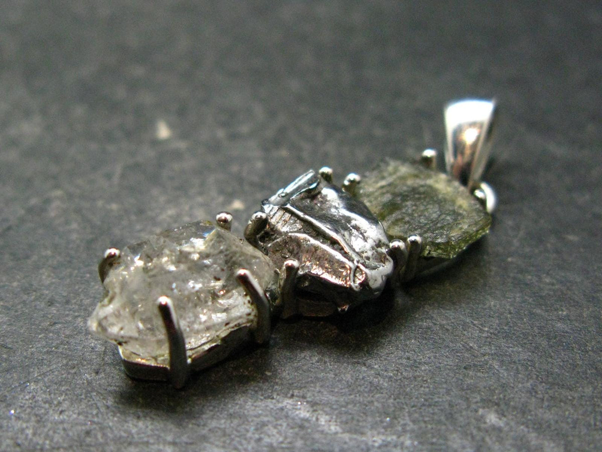 Moldavite Herkimer Meteorite Sterling Silver |Pendant From Czech Republic - 1.4" - 3.55 Grams