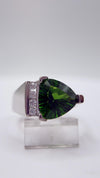 Green Helenite Pear Cut Ring – Sterling Silver Statement Gemstone Ring with Accent Stones