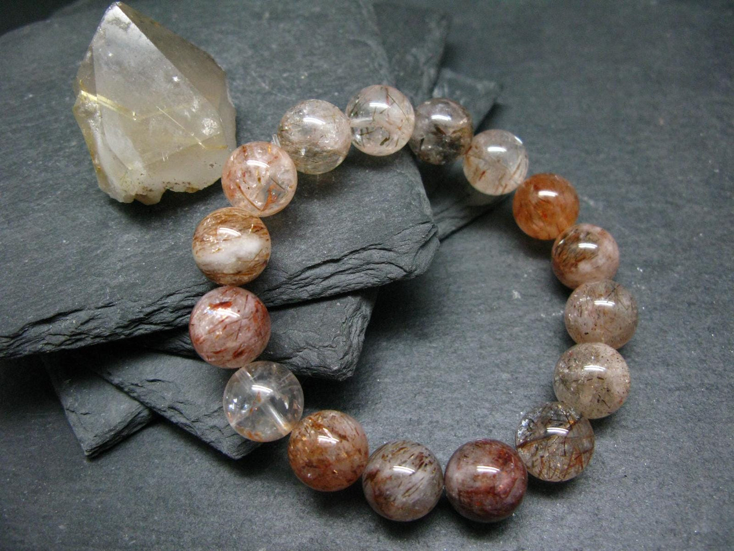 Red Rutilated Quartz Genuine Bracelet ~ 7 Inches ~ 12mm Round Beads