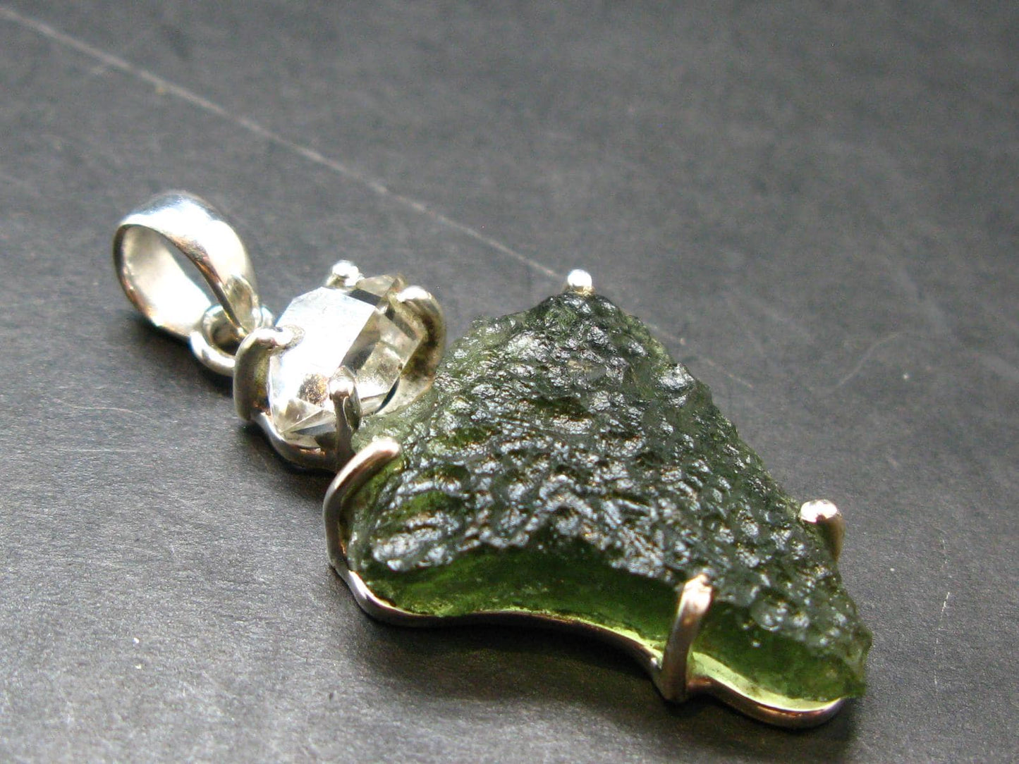 Moldavite & Herkimer Diamond Silver Pendant - 1.7" - 6.7 Grams