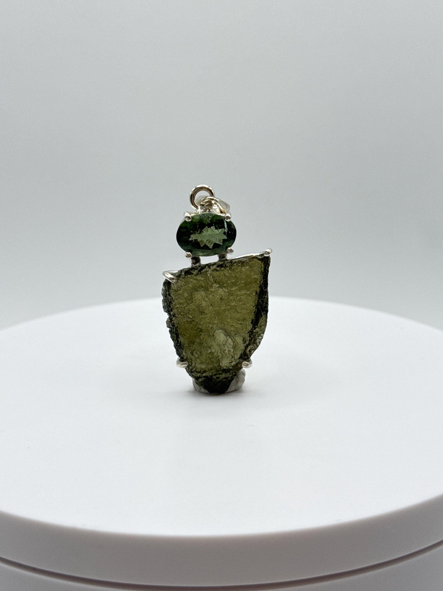 Moldavite Chunk Pendant with Oval-Cut Gemstone - Sterling Silver Natural Design Pendant - 6.95 Grams