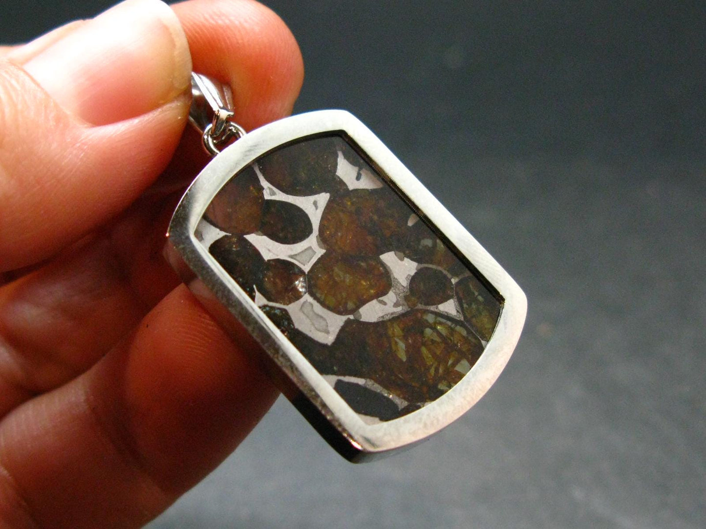 Rare Brahin Meteorite Slice With Olivine Pallasite Silver Pendant from Belarus - 1.4" - 5.91 Grams
