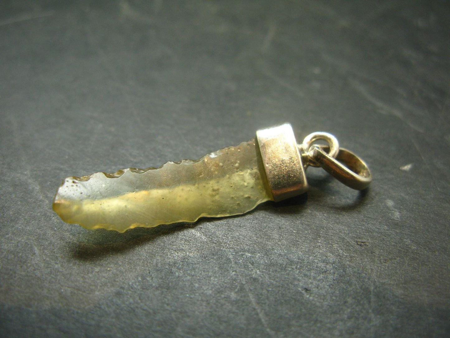 Gem Libyan Desert Glass Tektite Free Form Pendant Sterling Silver from Libya - 1.6" - 2.29 Grams