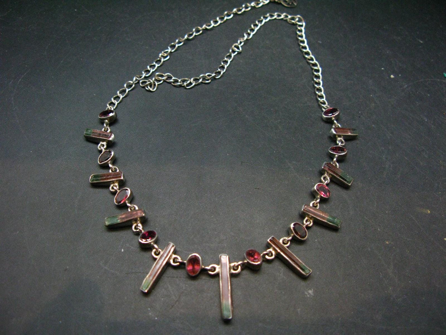Watermelon Tourmaline Crystal Silver Necklace from Brazil - 18" - 17.5 Grams