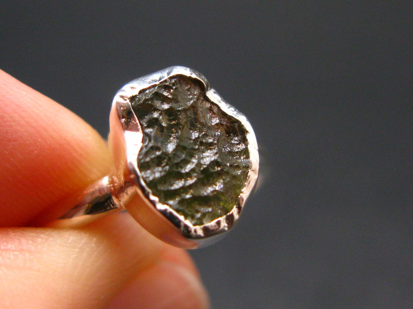 Moldavite Tektite Silver Ring from Czech Republic - 7 Size - 1.77 Grams