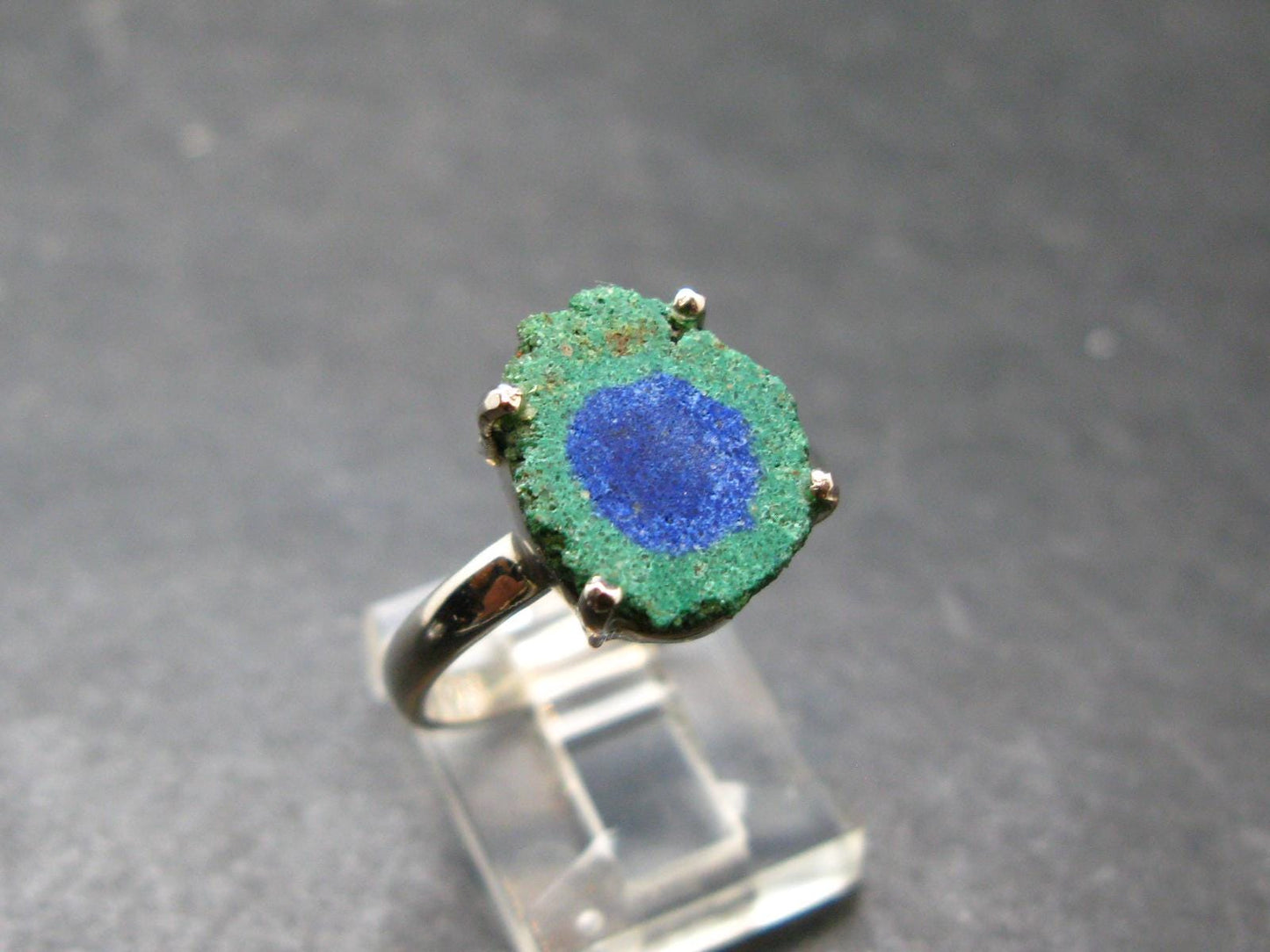 Natural Raw Deep Blue Azurite with Green Malachite Silver Ring From Mexico - Size 9 - 3.31 Grams