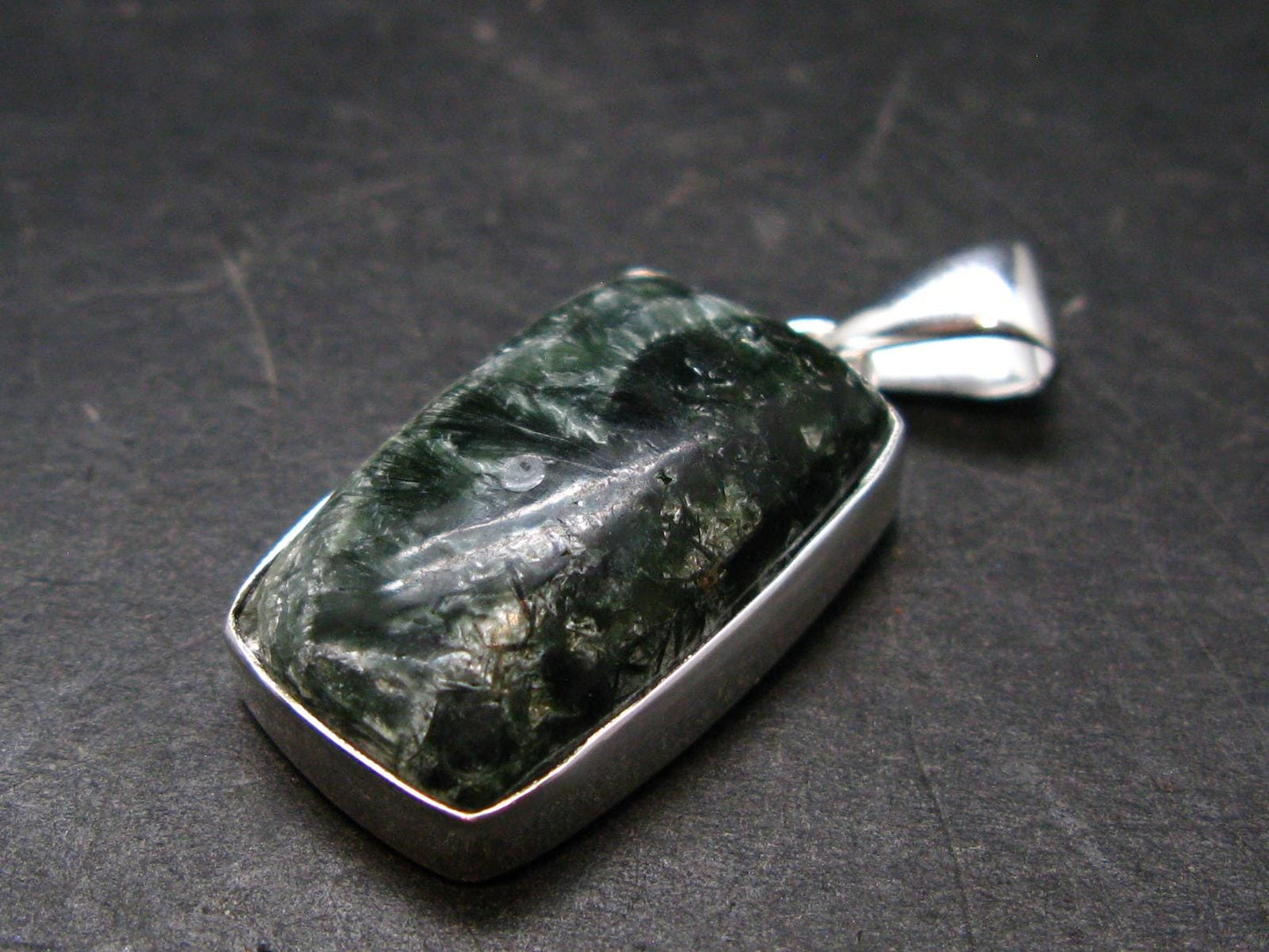 Nice Polished Seraphinite Clinochlore Stalactite Silver Plated Pendant From Russia - 1.4" - 6.09 Grams