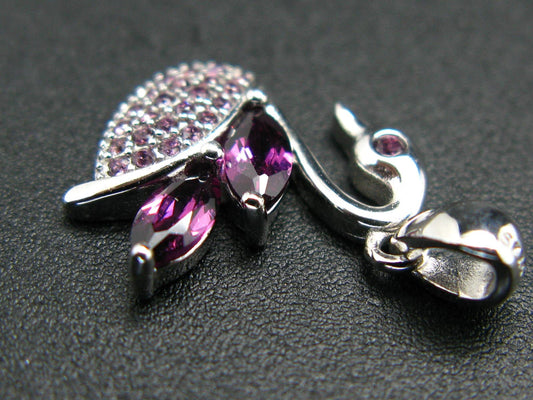 Cute Rhodium Plated Sterling Silve Natura Red Garnet Swan Pendant - 0.8"
