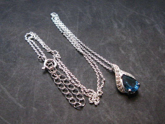 London Blue Topaz Sterling Silver Pendant with CZ From Brazil With Chain - 16" - 3.07 Grams