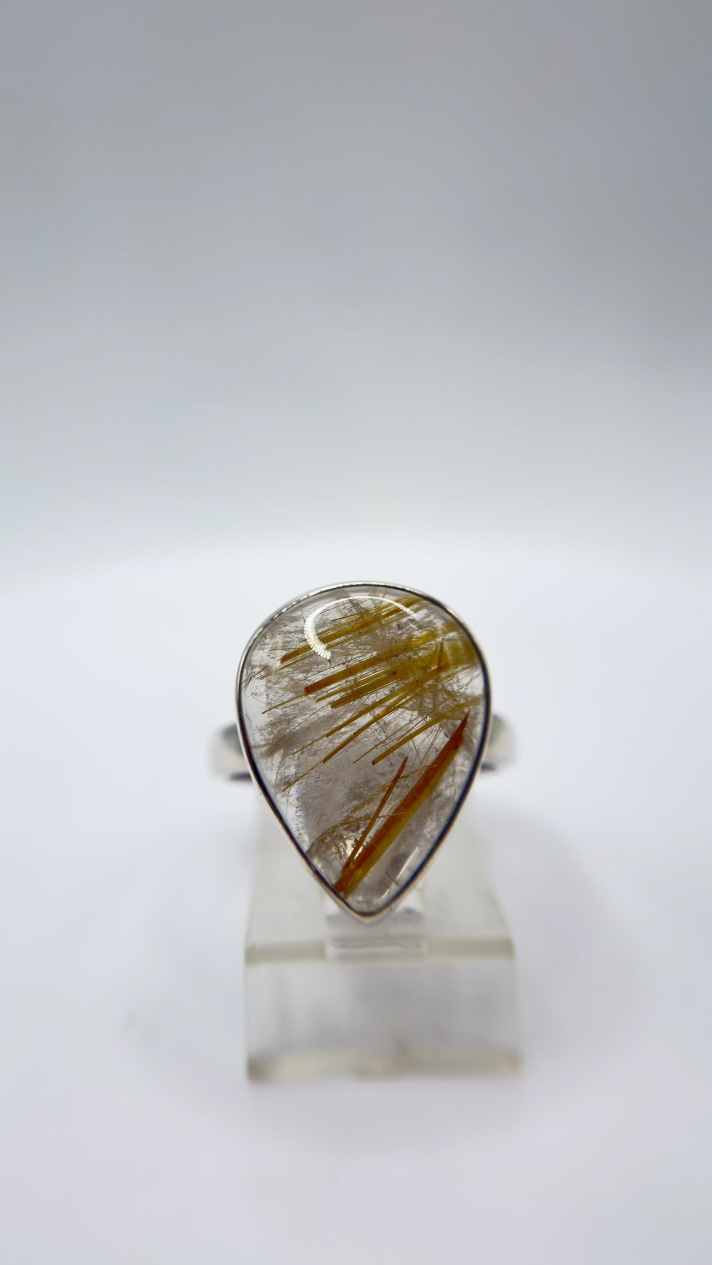 Golden Rutilated Quartz Ring – Pear Shape Rutile Crystal Statement Ring - Size 9