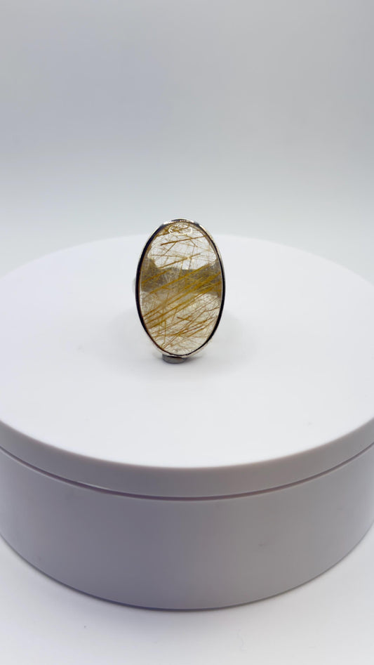 Golden Rutilated Quartz Ring – Oval Rutile Crystal Statement Ring - Size 8