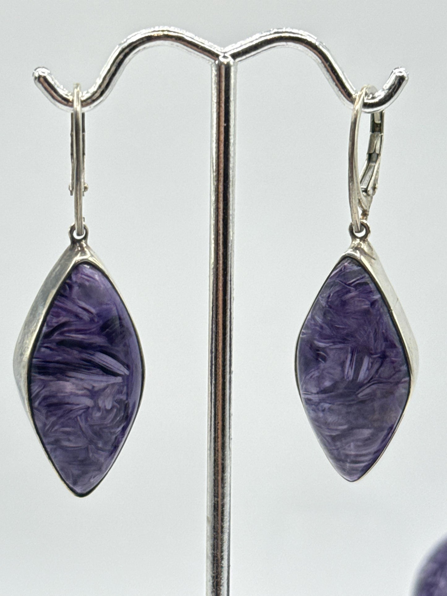 Charoite & Sterling Silver Marquise Earrings - 13.37 Grams